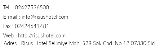 Risus Hotel telefon numaralar, faks, e-mail, posta adresi ve iletiim bilgileri